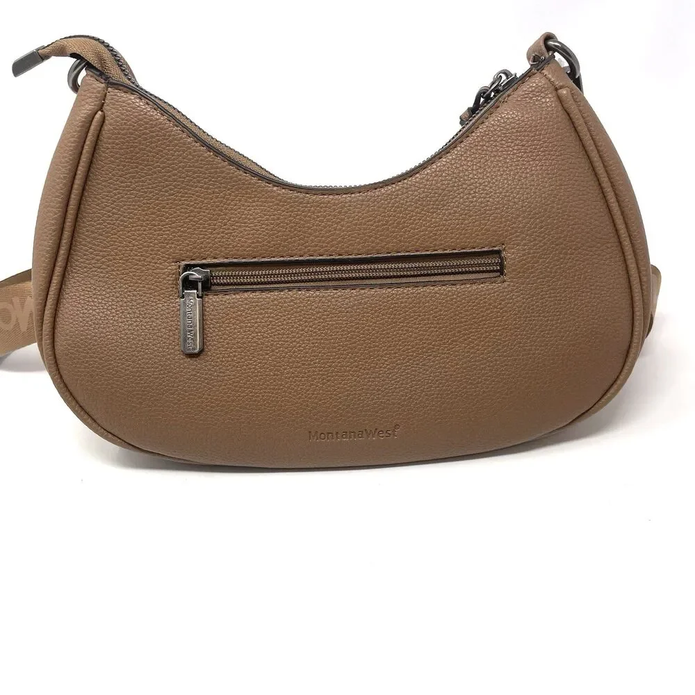 Montana West Brown Vegan Leather Hobo Bag | Studded Crescent Crossbody Purse NEW